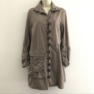 Neon Buddha women's large jacket long brown chunky button ruched pocket stretch